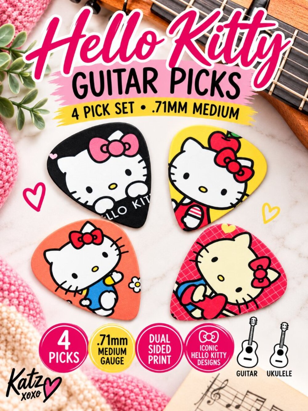 Hello Kitty Guitar Picks 4 Pc .71mm Medium Celluloid Ukulele Cute Kawaii Picks